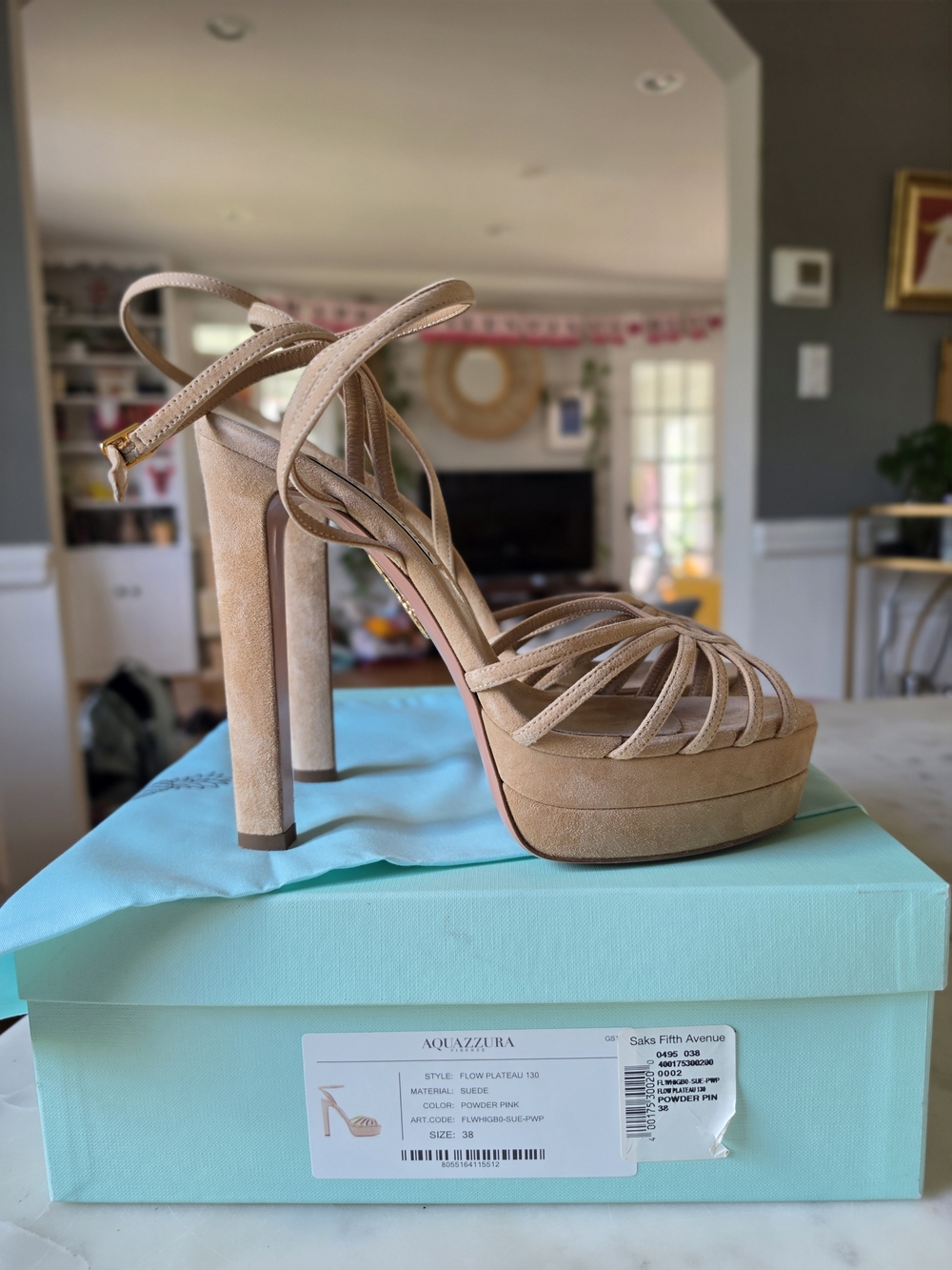 Aquazzura Flow Plateau Powder Pink Suede Platform Sandals Size 38/8